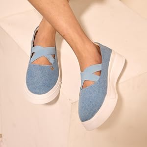 Women Beige Elastic Closure Cross Strap Denim Slip On Height Enhancer Ballet Styled Shoes