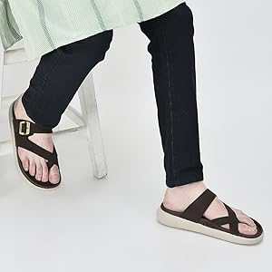 Men Brown Toe Ring Criss Cross Buckle Strap Side Stitched Waterproof Summer Slip On Sandals|Comfort Sole|Lightweight Slippers for Rainy Monsoon Season