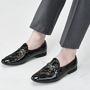 Men Black Velvet Patent Leather Horsebit Buckle Ethnic Slip On Shoes|Party Shoe|Office Shoe|Anti Skid Sole
