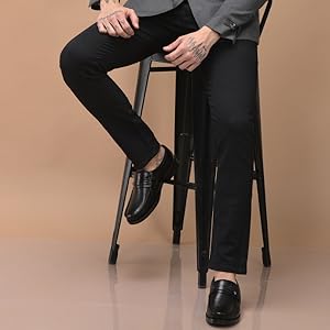Men Black Genuine Leather Formal Slip On Moccasins Shoes for Office|Memory Cushion Meeting Slip-Ons