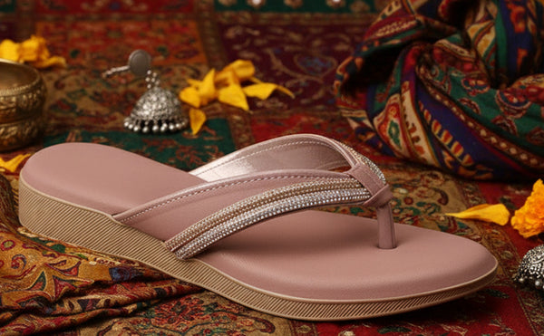 Women Pink Elegant Embellished Shimmery Wedding T-Strap Flat Slip On Slippers|Soft Cushioned Footbed|Party, Reception, Festive