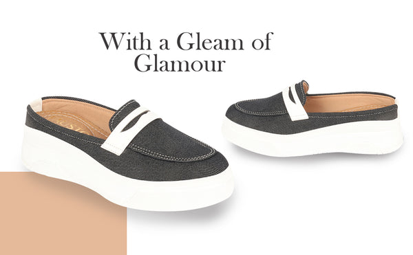 Women Navy Blue Fashion Outdoor Height Enhancer Open Back Slip On Upper Denim Casual Shoes