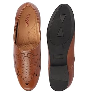 Men Tan Ethnic Wedding Party Laser Cut Perforated Design Slip On Juttis and Mojaris