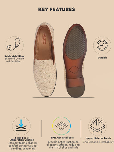 Men Cream Ethnic Velvet Sequin Embroidered Prom Slip On Juttis and Mojaris for Wedding|Party Slip-On|Traditional Kurtas Shoes|Festive Slip On Shoes