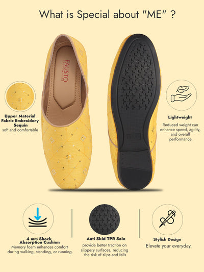 Men Yellow Embroidery Sequin Ethnic Slip On Half Cut Juttis and Mojaris for Wedding|Festive Party Slip-On|Traditional Sherwani Shoes