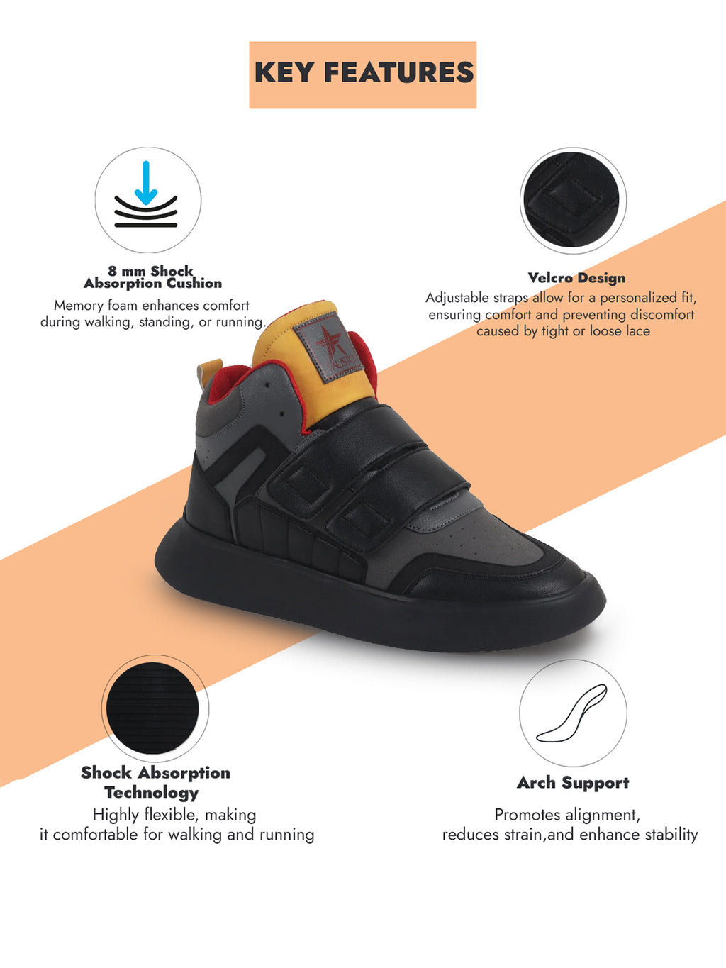 men black colorblocked high top velcro adjustable classic sneakers