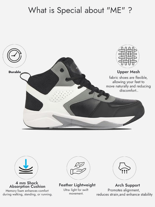 men grey high top colorblocked chunky classic lace up sneakers|breathable basketball shoes with memory cushion|anti skid comfort grip sole