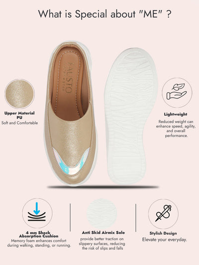 Women Golden Classic Height Enhancer Embellished Back Open Slip On Mule Shoes|All Season Casual Slip On Shoe