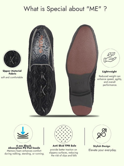 Men Black Silk Zardosi Sequin Velvet Embroidered Ethnic Slip On Juttis and Mojaris for Wedding|Indian Traditional Sherwani Shoes|Groom Slip On Shoes