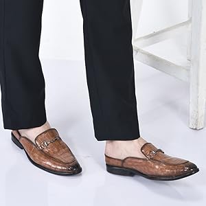 Men Blue Embossed Leopard Print Design with Horsebit Buckle Ethnic Party Back Open Slip On Mules Shoes