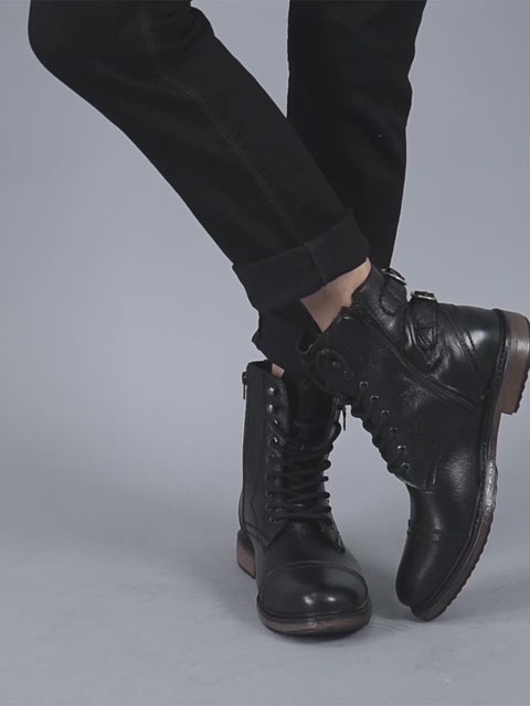 Men Tan High Ankle Genuine Leather Hook and 7-Eye Lace Up Side Zipper Adjustable Buckle Strap Cap Toe Anti Skid Sole Flat Boots