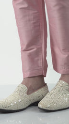 Men Cream Traditional Ethnic Juttis and Mojaris for Wedding | Handcrafted Embroidered Velvet Loafers | Gold Embroidery Prom Slip-On Shoes