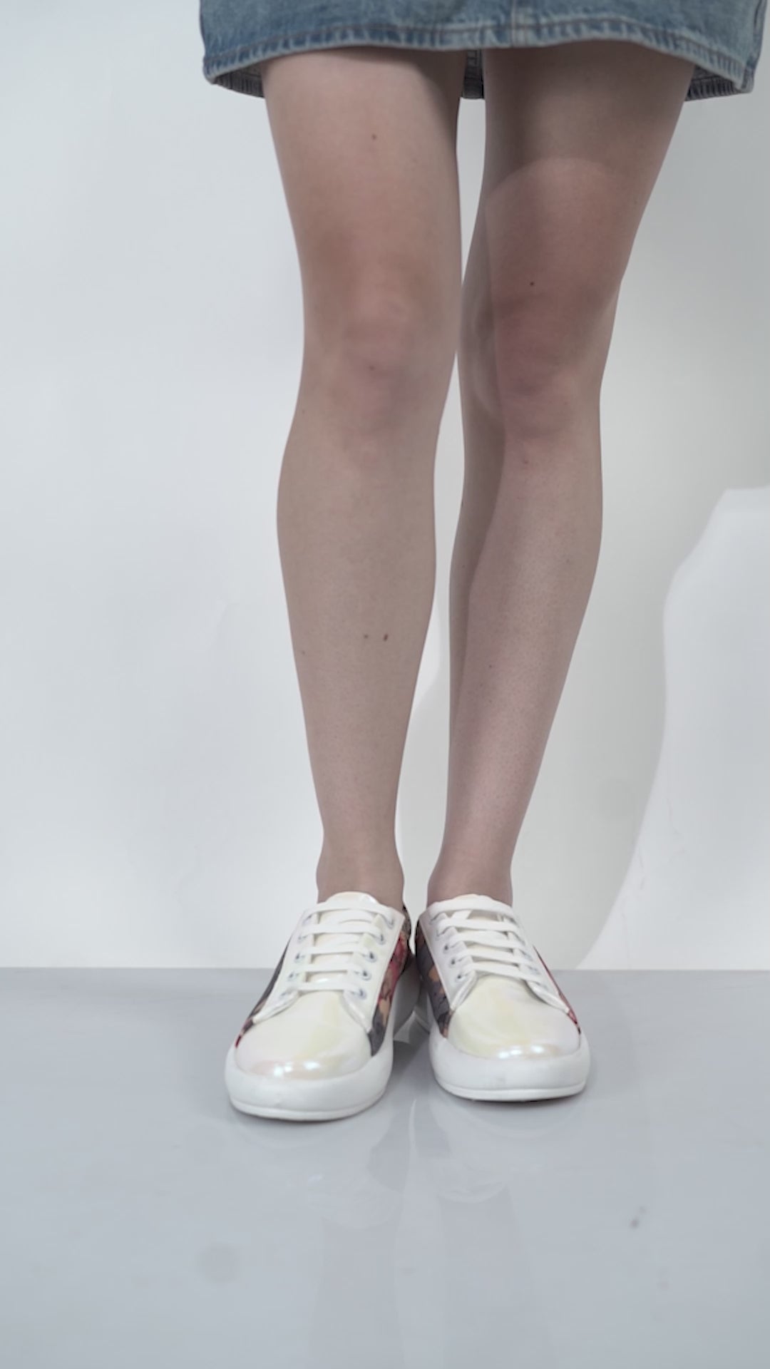 Women White/Grey Glossy Floral Print Lace Up Party Sneakers|Platform Height Enhancer Casual Shoes|Memory Cushion Insole