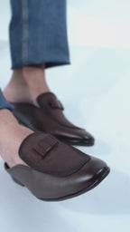 Men Tan Bow Design Velvet Upper Back Open Evening Party Formal Slip On Shoes|Memory Cushioned Insole Mules for Wedding, Office, Cocktail Tuxedo Dress|Lightweight and Comfort