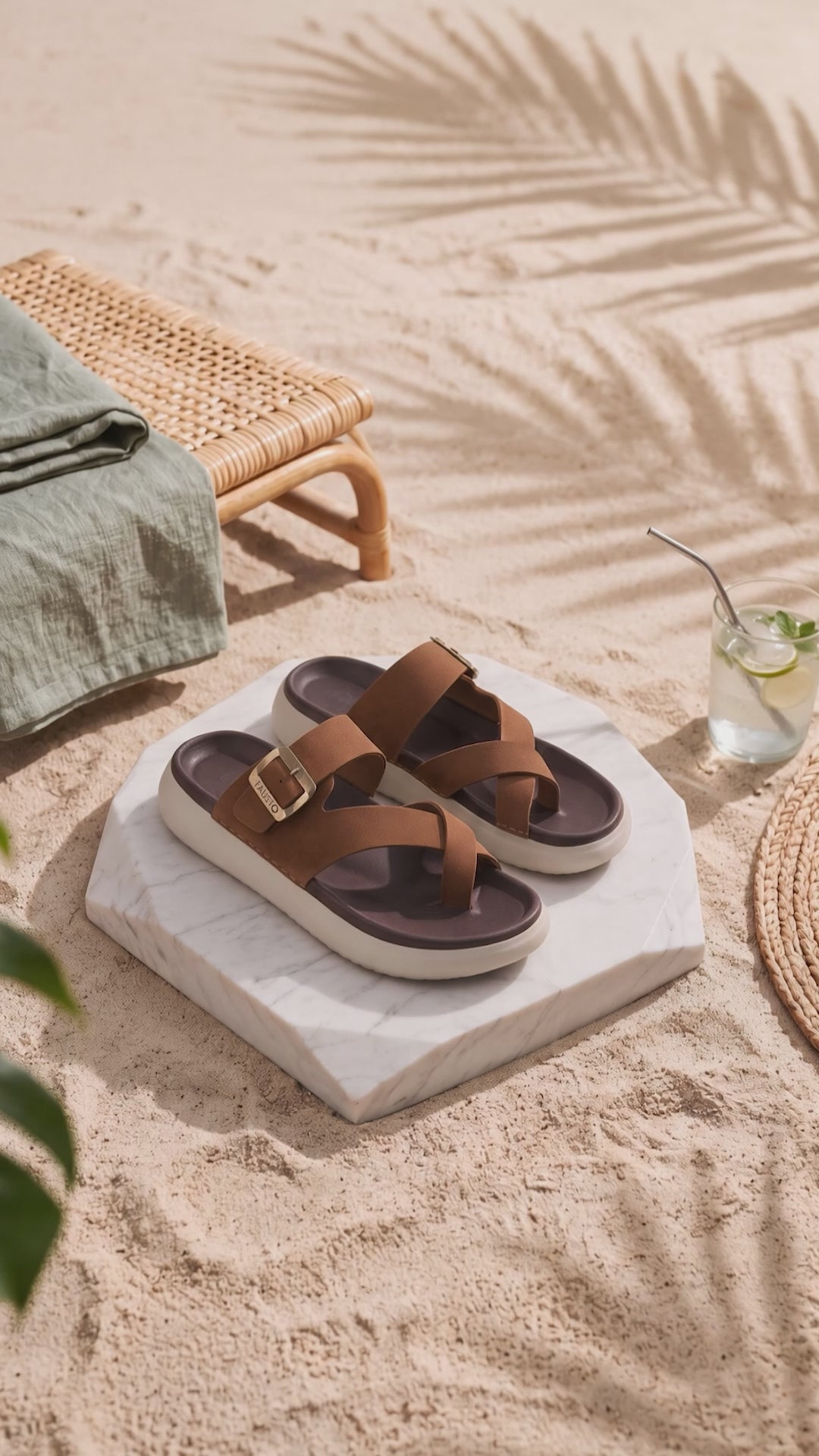 Men Tan Toe Ring Criss Cross Buckle Strap Side Stitched Waterproof Summer Slip On Sandals|Comfort Sole|Lightweight Slippers for Rainy Monsoon Season