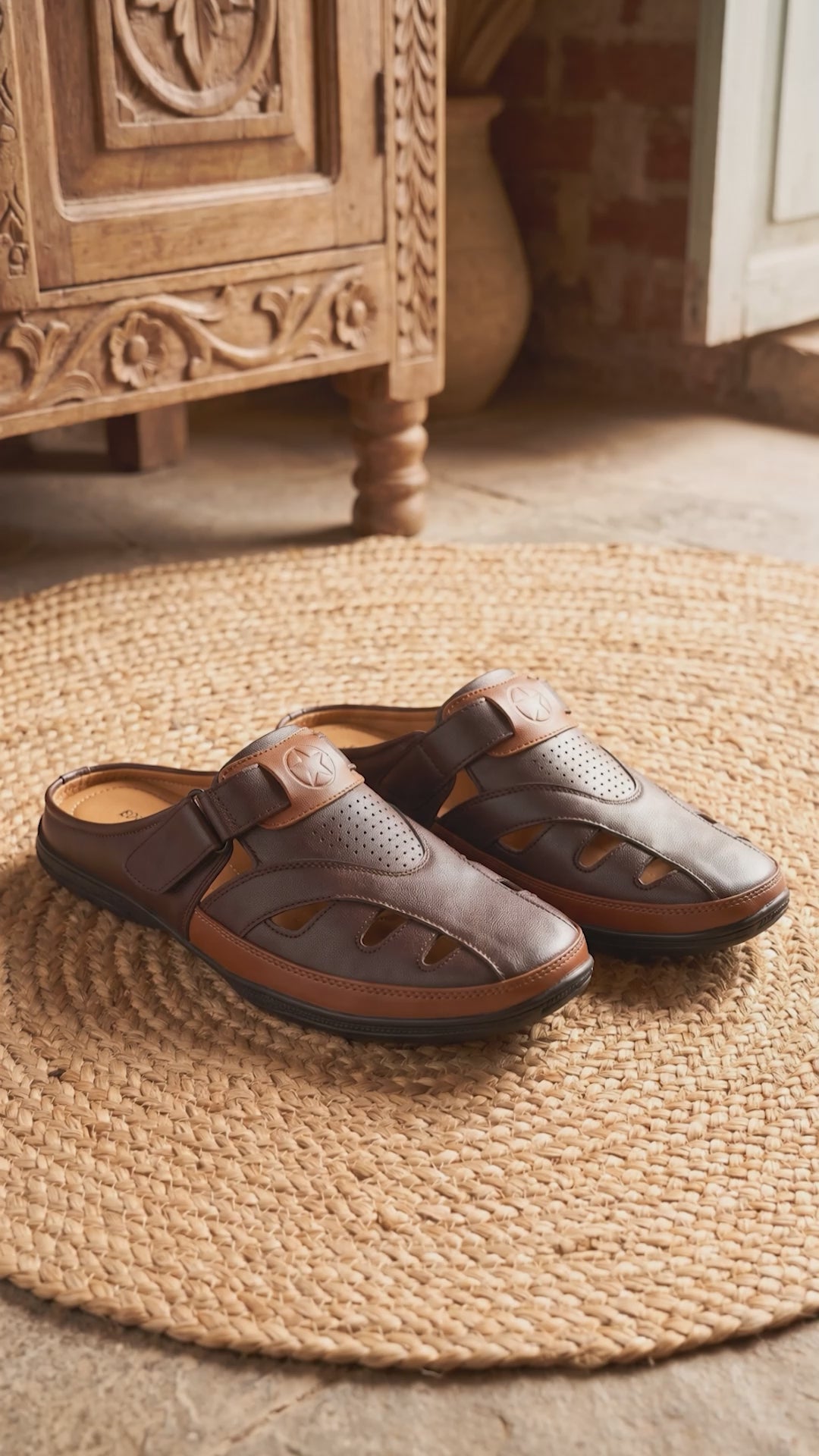 Men Black Back Open Laser Cut Design Slip On Sandal with Ankle Strap