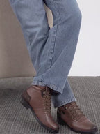 Men Tan Genuine Leather 6-Eye Metallic Lace Up Hook Classic High Ankle Boot For Trekking|Biking|Hiking