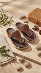 Men Black Buckle Adjustable T-Strap Side Stitched Summer Waterproof Slip On Sandals|Comfort Featherlite Insole|Thong Slipper for Monsoon Rainy Season