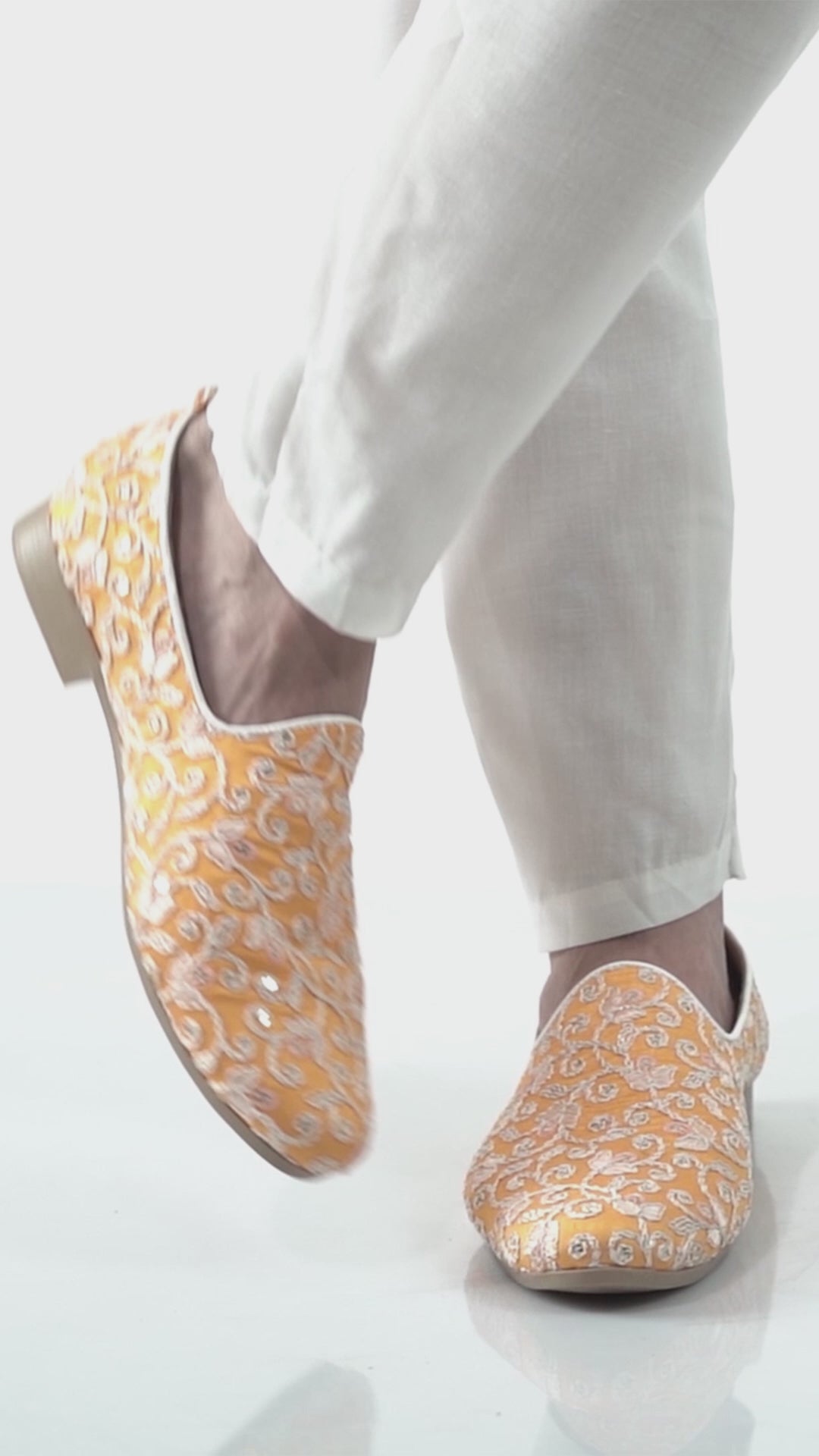 Men Cream Leaf Design Embroidery Fabric Upper Party Slip On Loafers|Ethnic Juttis and Mojaris for Kurta-Jacket Sets|Indo-Western Outfit Slip-Ons with Memory Cushioned Insole