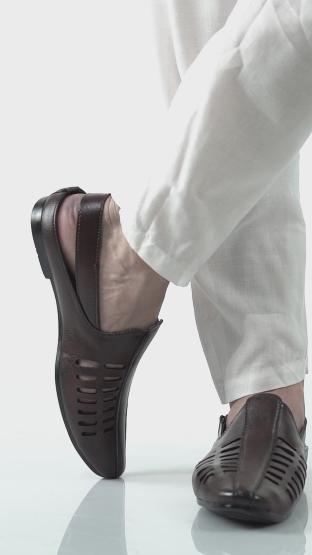 Men Brown Back Open Ethnic Hook and Loop Jutis and Mojaris|Classic Perforated Slip Ons for Wedding, Festive Kurta Set|Cushioned Insole Comfort