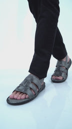 Men Black Genuine Leather Multi Strap Open Toe Broad Feet Fisherman Sandals with Adjustable Back Strap|All Day Comfort with Memory Cushion Insole|Anti Skid Lightweight Sole