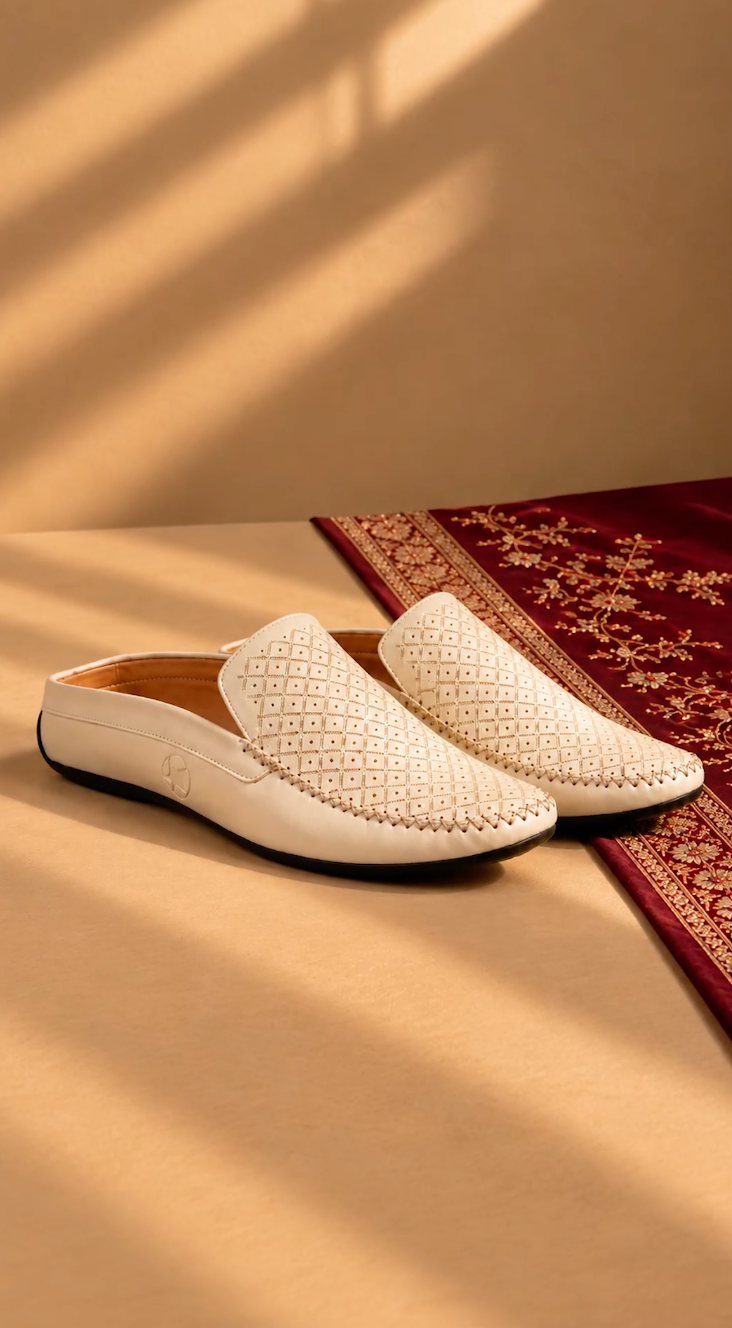Men Brown Stitched Block Design Pattern Back Open Slip On Loafer Shoes