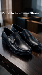 Men Black Genuine Leather Formal Slip On Moccasins Shoes for Office|Memory Cushion Meeting Slip-Ons