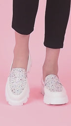 Women Black Stiched Floral Print Classic Weekend Party Slip On Casual Shoes