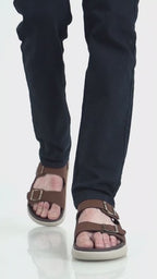 Men Brown Open Toe Double Adjustable Strap Stitched Waterproof Sandals with Back Support|Soft Cushioned Insole|Lightweight Summer Slip-On Slipper|Perfect For Monsoon Rainy Season