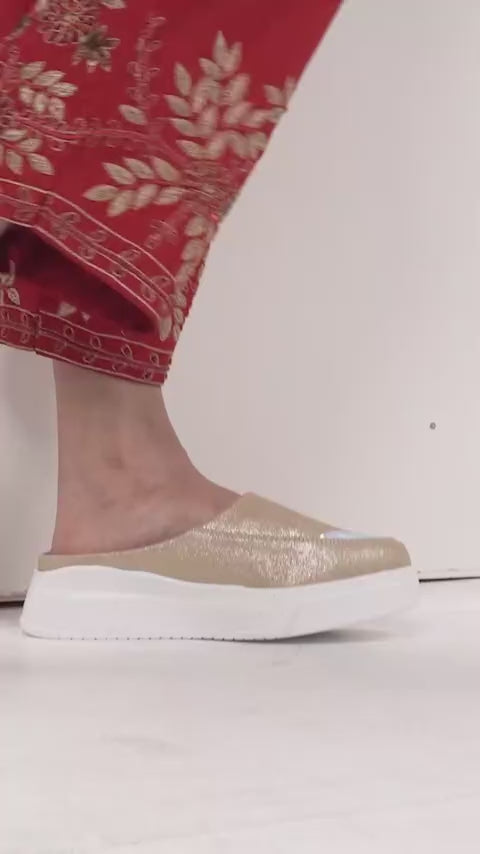Women Golden Classic Height Enhancer Embellished Back Open Slip On Mule Shoes|All Season Casual Slip On Shoe