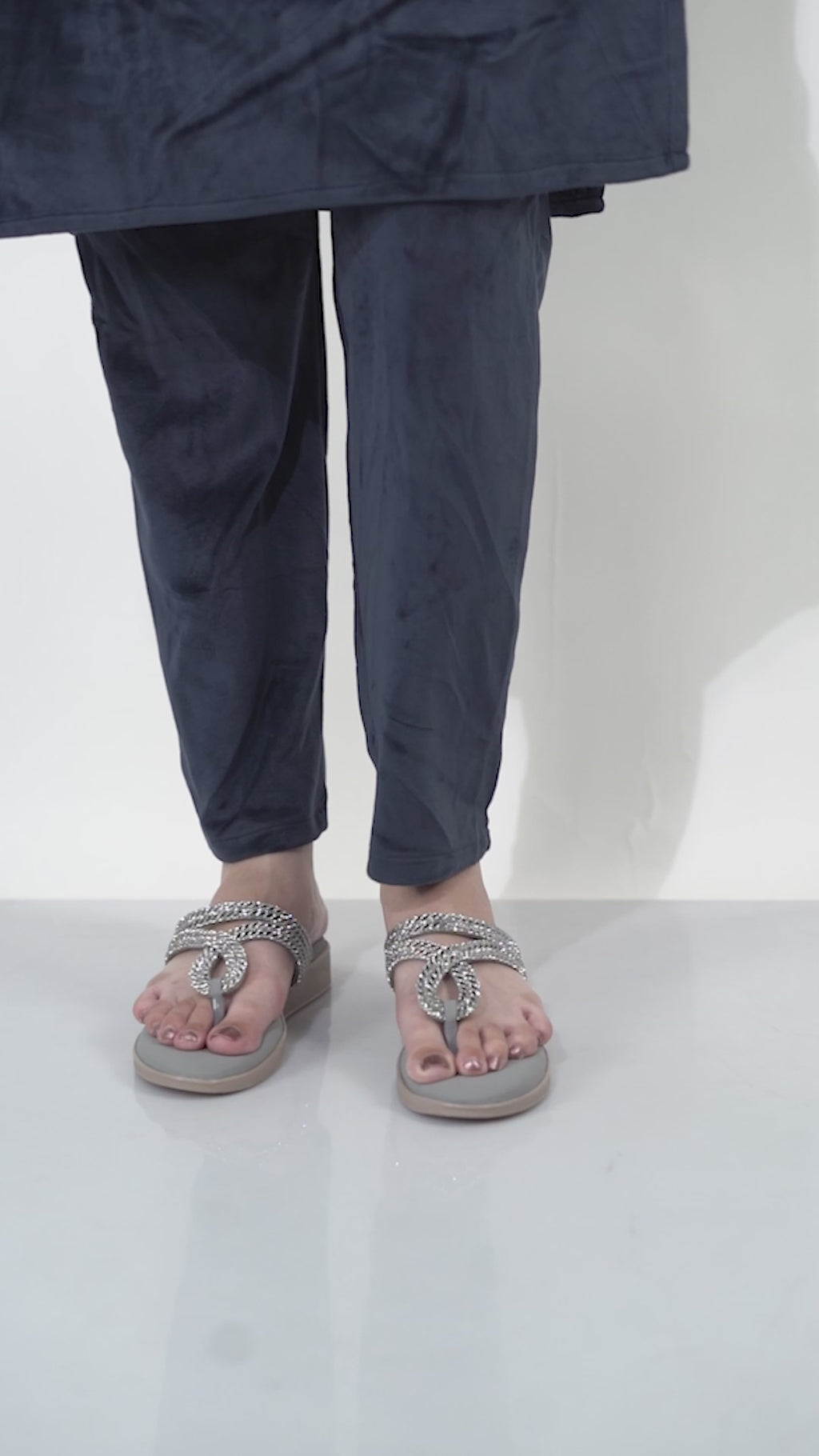 Women Grey T-Strap Slip On Ethnic Sandals with Rhinestone Strap|Wedge Ortho Slip-On Slippers|Perfect for Wedding, Festive Outfits
