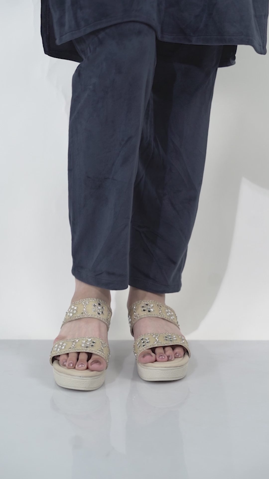 Women Beige Open Toe Dual Strap Mirror Embroidery Wedding Slip On Sandals|Ethnic Wedges Heel Slippers with Durable Grip Sole
