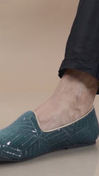 Men Green Embroidery Sequin Ethnic Slip On Juttis and Mojaris for Wedding|Traditional Sherwani Shoes|Slip-On For Nehru Jackets