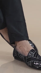 Men Black Silver Silk Zardosi Sequin Velvet Ethnic Slip On Juttis and Mojaris for Wedding|Indian Traditional Sherwani Shoes|Groom Slip On Shoes
