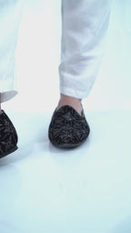Men Black Silk Zardosi Sequin Velvet Ethnic Slip On Juttis and Mojaris for Festive|Indian Traditional Sherwani Shoes for Wedding|Slip On Shoes for Groom