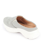 Shop Women Grey Leaf Print Embroidery Design Back Open Slip On Mules Shoes Online.