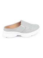 Shop Women Grey Leaf Print Embroidery Design Back Open Slip On Mules Shoes Online.
