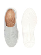 Shop Women Grey Leaf Print Embroidery Design Back Open Slip On Mules Shoes Online.