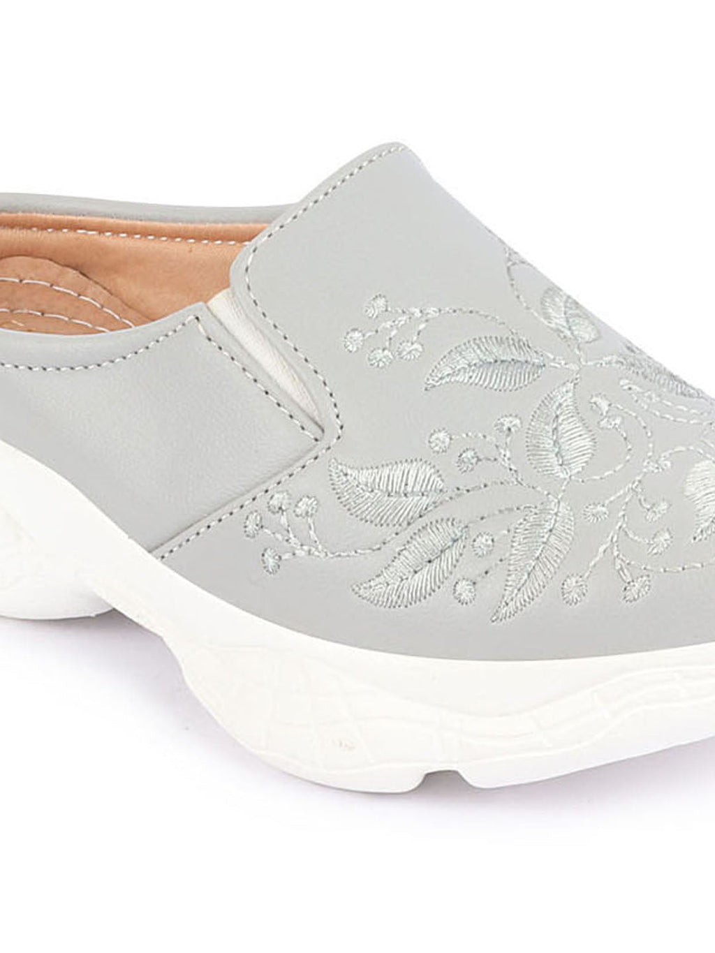 Shop Women Grey Leaf Print Embroidery Design Back Open Slip On Mules Shoes Online.