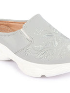 Shop Women Grey Leaf Print Embroidery Design Back Open Slip On Mules Shoes Online.