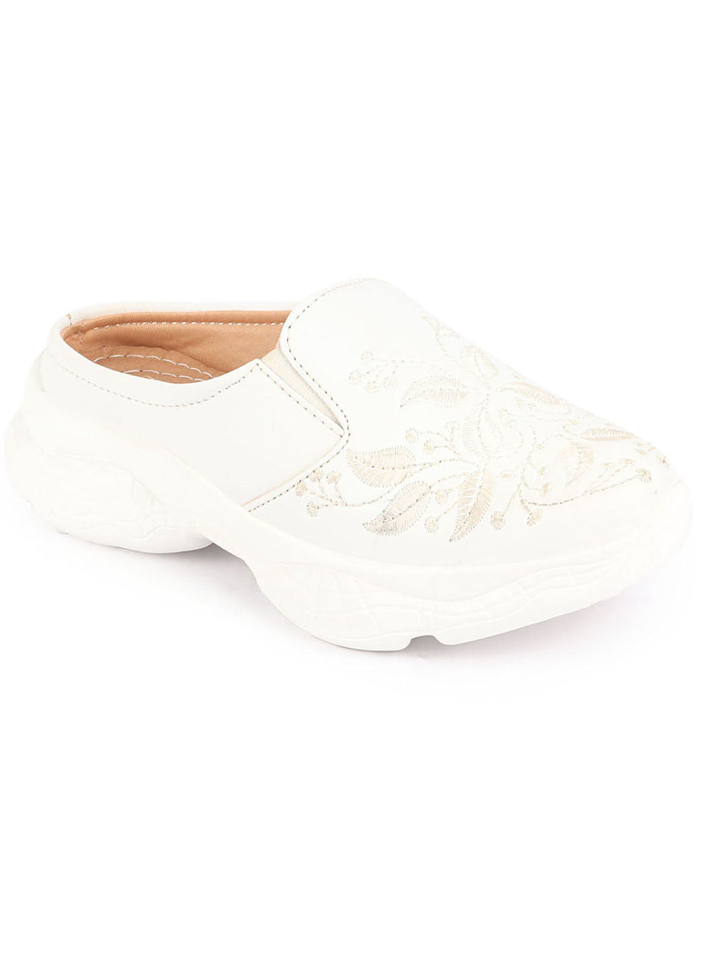 Shop Women Off White Leaf Print Embroidery Design Back Open Slip On Mules Shoes Online.