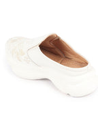 Shop Women Off White Leaf Print Embroidery Design Back Open Slip On Mules Shoes Online.