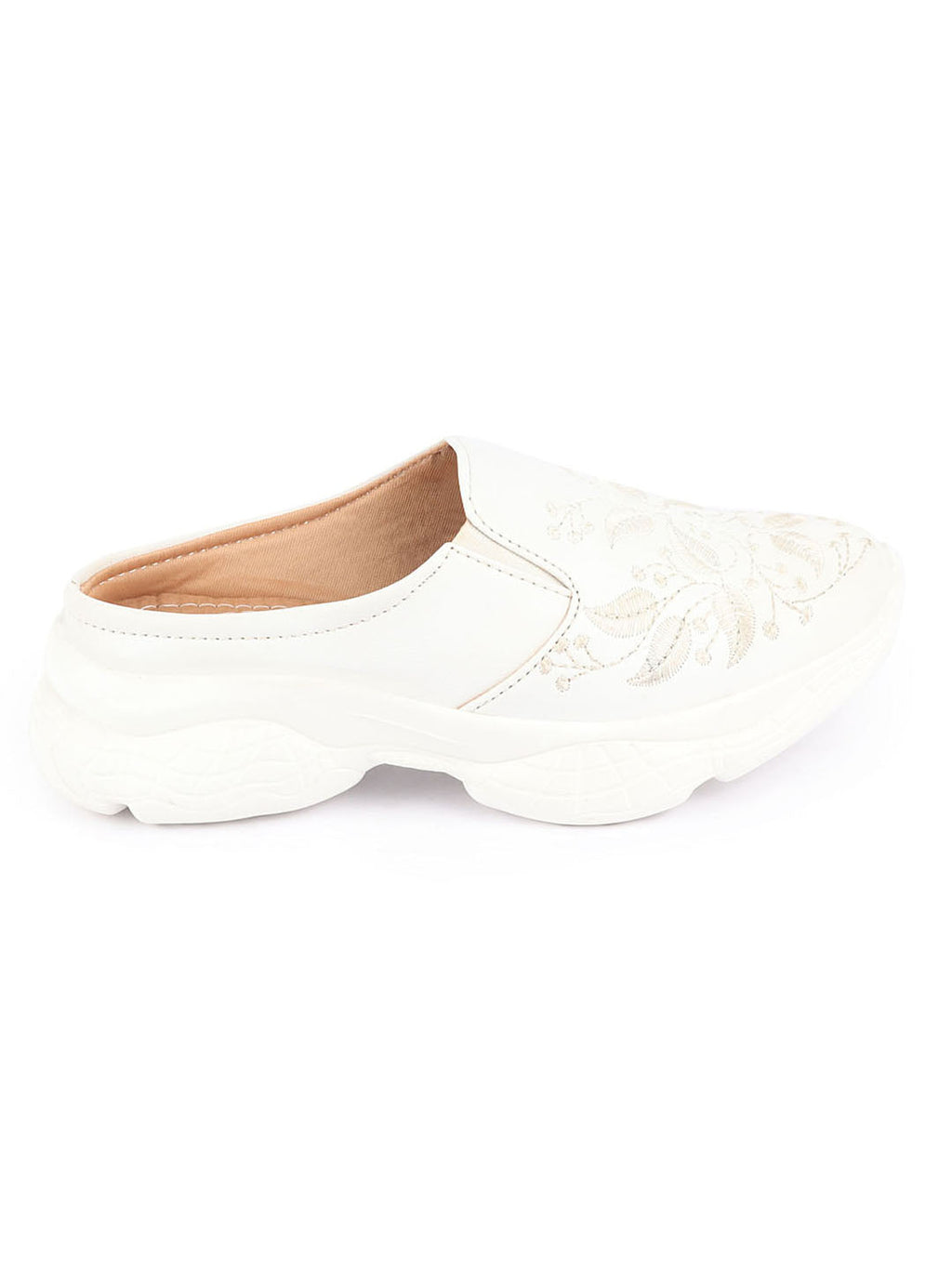 Shop Women Off White Leaf Print Embroidery Design Back Open Slip On Mules Shoes Online.