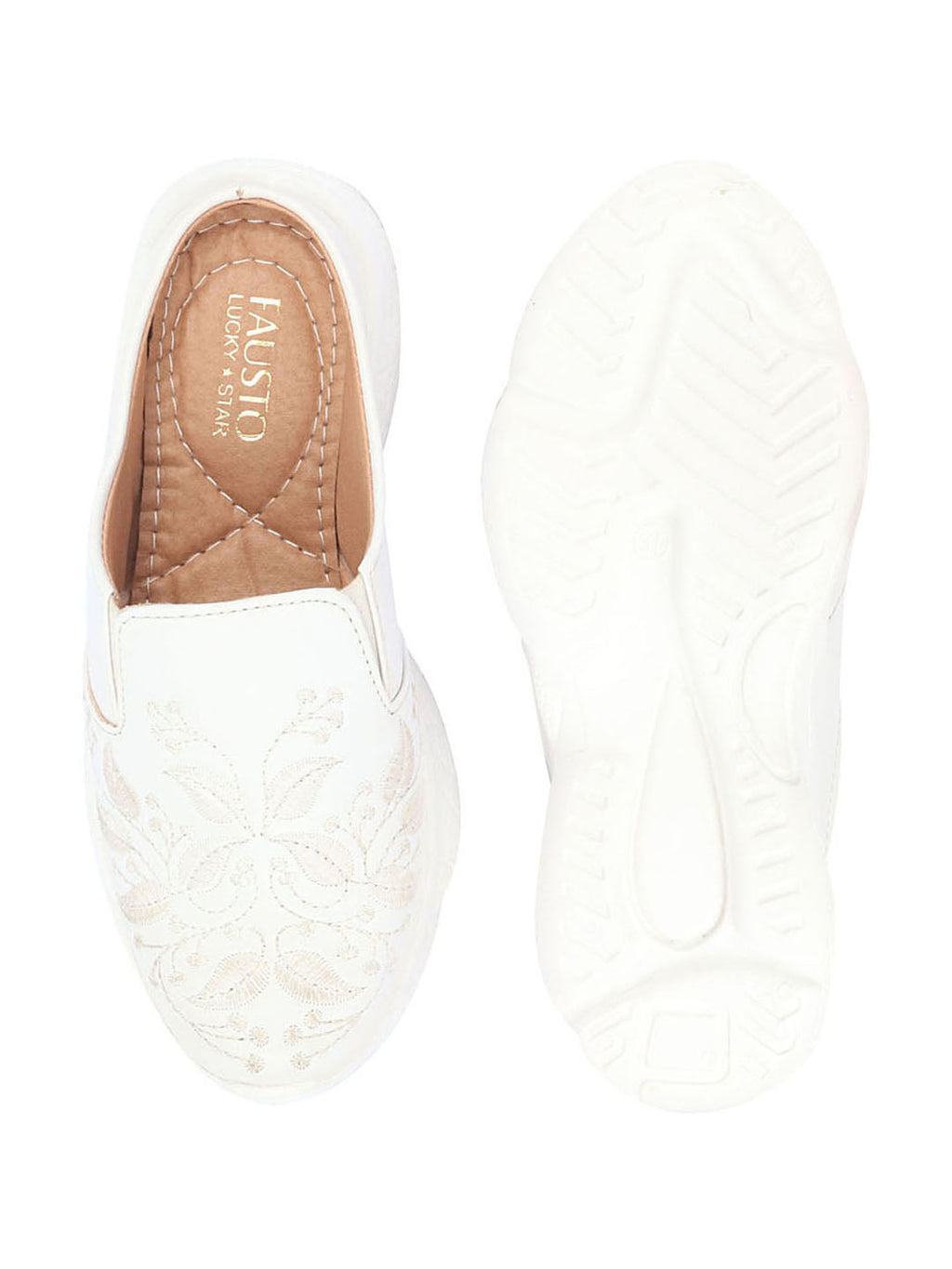 Shop Women Off White Leaf Print Embroidery Design Back Open Slip On Mules Shoes Online.