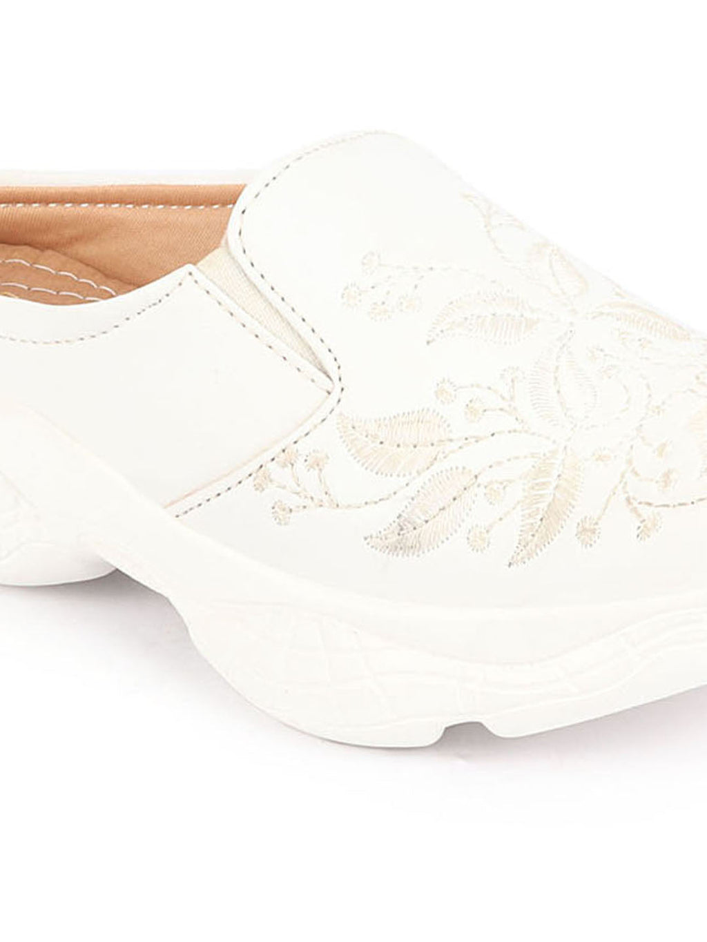 Shop Women Off White Leaf Print Embroidery Design Back Open Slip On Mules Shoes Online.