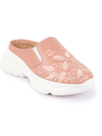 Shop Women Peach Leaf Print Embroidery Design Back Open Slip On Mules Shoes Online.