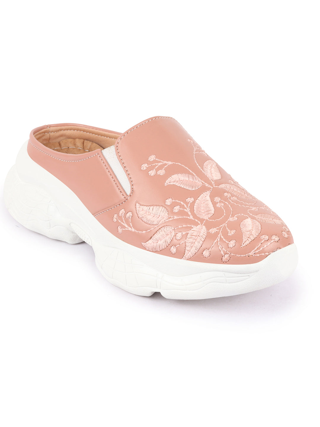 Shop Women Peach Leaf Print Embroidery Design Back Open Slip On Mules Shoes Online.