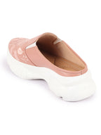 Shop Women Peach Leaf Print Embroidery Design Back Open Slip On Mules Shoes Online.