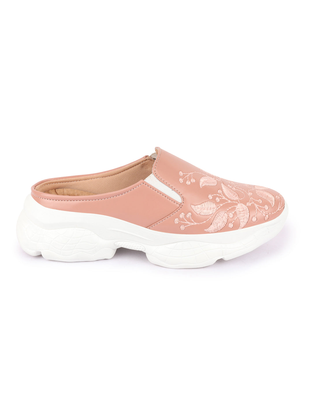 Shop Women Peach Leaf Print Embroidery Design Back Open Slip On Mules Shoes Online.