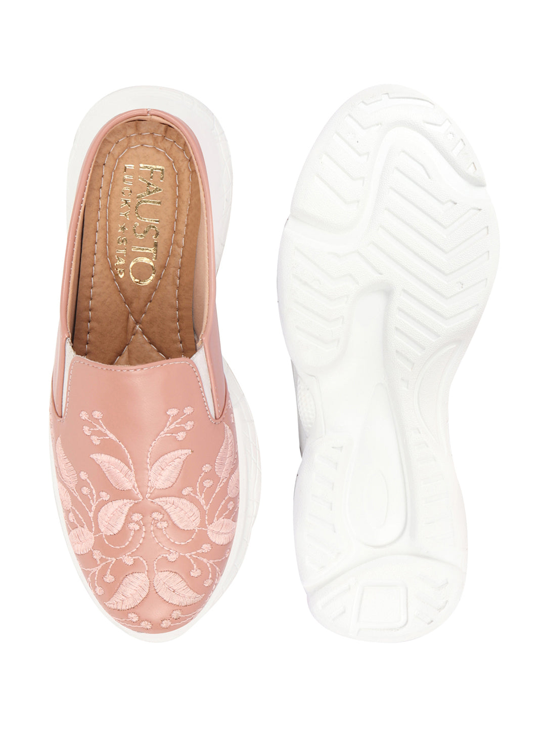 Shop Women Peach Leaf Print Embroidery Design Back Open Slip On Mules Shoes Online.